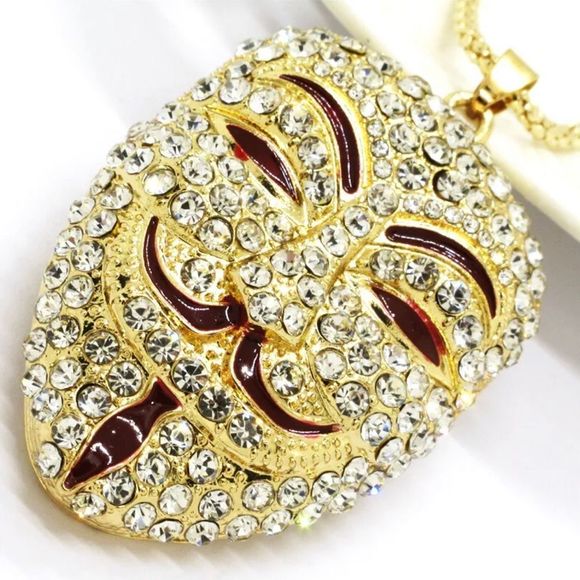 Hot Gold Enamel Smile Mask Avengers Crystal Pendant Necklace NWOT - Picture 2 of 3